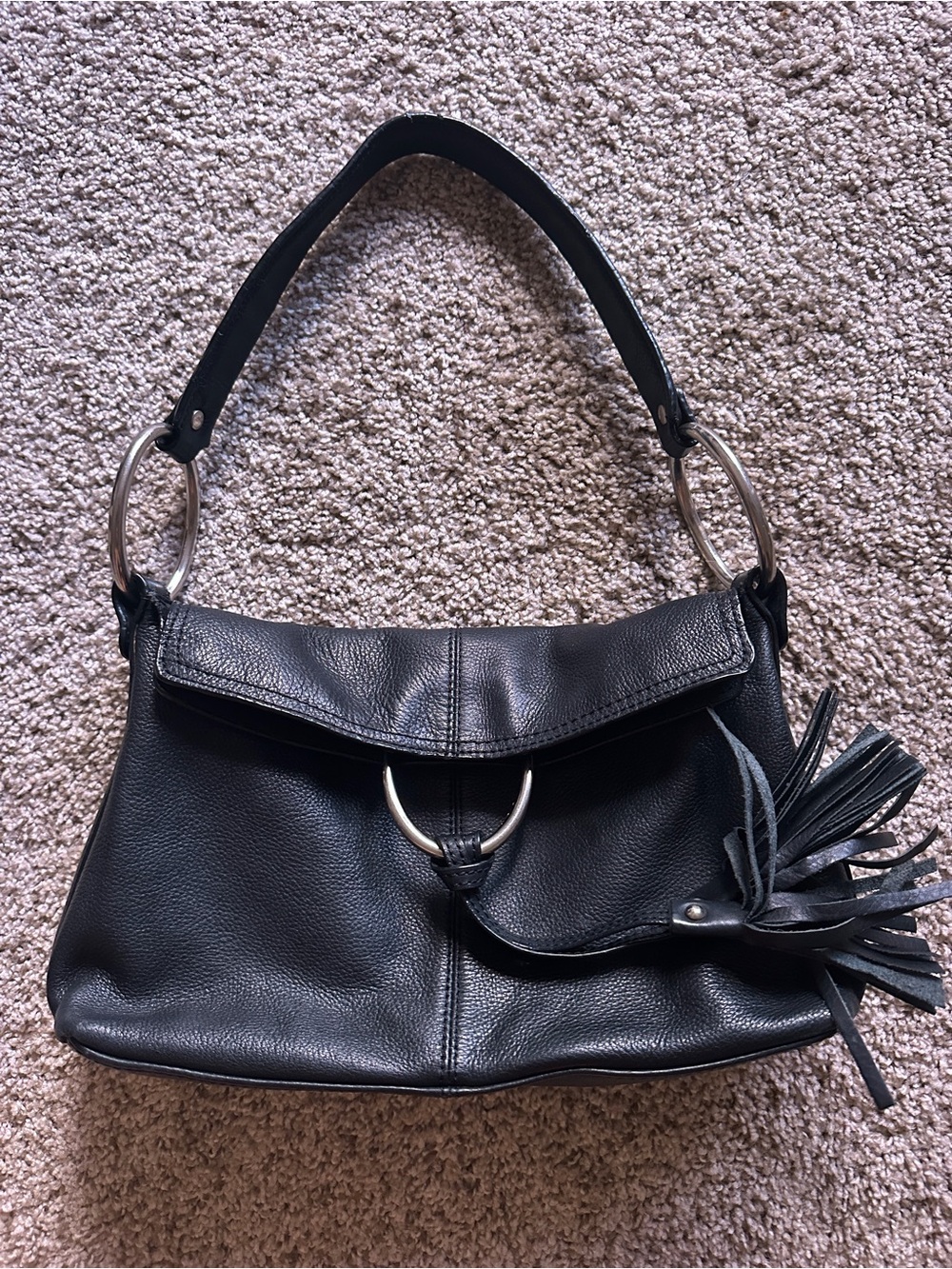 Alfani Black Leather Shoulder Bag with Ring Detail and Tassel